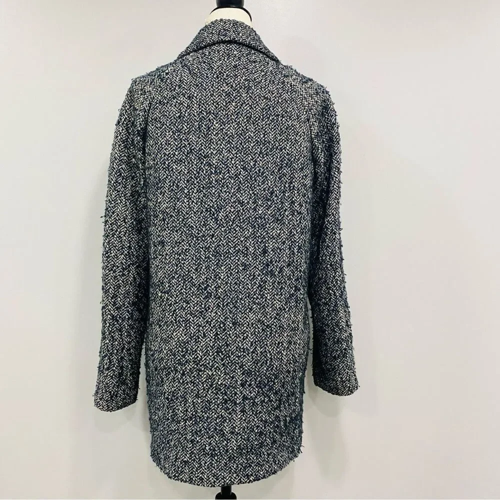 JACK WILLS 2 Womens Navy Blue Fuzzy Wool Tweed Herringbone Pea Coat Academia